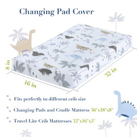 My Little Zone Dinosaur Changing Pad Cover - Cotton Changing Table Mattress Pad, Blue and White, 2 Pack