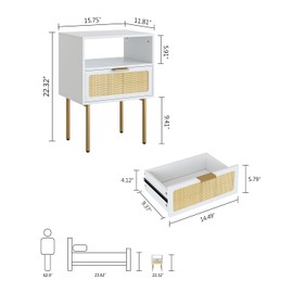 Aobafuir Rattan Nightstand, Drawer Dresser for Bedroom, Small Side Table with Drawer, Bedside Furniture, Night Stand, End Table with Gold Frame for Bedroom, Living Room, White