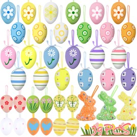 Cheloveer Easter Eggs for Hanging Outdoors, 39 Pieces Easter Eggs Decoration Colourful Easter Eggs Plastic with Ribbons and Exquisite Pattern Easter Decoration Plastic Easter Eggs for Hanging Outdoor
