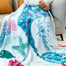 Jurllyshe Mermaid Throw Blanket Super Soft & Fuzzy Ocean Theme Blanket Cute Plush Fleece Mermaid Tail Blanket Gifts Blanket for Women Girls Everyday Use (Mermaid-6)