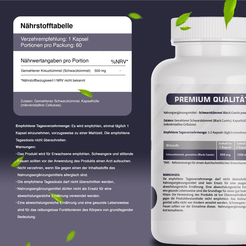 Black Cumin - 500 mg 60 Capsules Strengthens Immunity