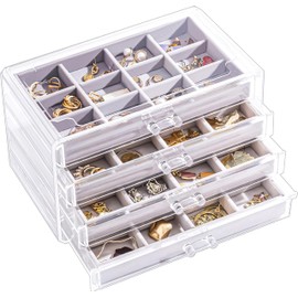 Lolalet Earring Holder Organizer Box Jewelry Storage with 4 Drawers, Clear Acrylic Stackable Earring Case with Adjustable Velvet Trays for Women on Dresser Vanity -Grey, 4 Layers
