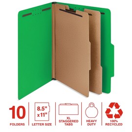 Staples 100% Recycled Heavy Duty Classification Folder, 2-Dividers, 2" Expansion, Letter Size, Green, 10/Box (ST62561)