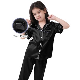 SWOMOG Girls Boys Silk Satin Pyjamas Set Button-Down PJs Two-Piece Lounge Sets Short Sleeve Sleepwear with Long Pants