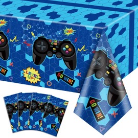 PIXHOTUL 4 Pcs Video Game Party Tablecloths, 51" x 108" Plastic Disposable Table Covers Blue Gaming Birthday Party Decorations for Boys Kids' Gamer Party Supplies