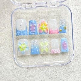 3D Flower Blue Gradient Handmade Press on Nails Shiny White Pearl Design Pink Gradient False Nails with Gold Shell Starfish Artificial Acrylic Full Set Press on Nail for Women Girls 10 Pcs （Size M）