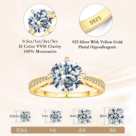 BAGUTTA PAVONE 1CT Moissanite Engagement Rings for Women, D Color VVS1 Moissanite Promise Ring 18K Yellow Gold Plated S925 Sterling Silver Wedding band for Women Moissanite Ring Size 7