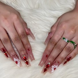 Rhinestones Press on Nails Long Square Fake Nails with White Flower Charm Design Glossy Yellow Rhinestones False Nails Red Diamond Glue on Nails Sparkly Stick on Nails for Women Girls Manicure 24Pcs