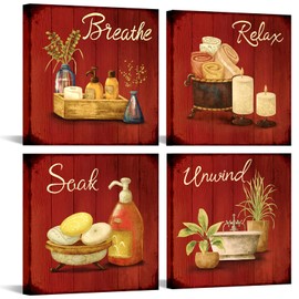 iKNOW FOTO 4 Piece Red Bathroom Wall Decor - 'Breathe, Relax, Unwind, Soak' Sign Canvas Prints, Modern Home Spa Painting Artwork, Stretched and Framed Ready to Hang, 12x12 Inches Each