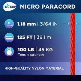 TECEUM Micro Paracord – Red (Fire) – 1.18 mm x 125 ft – Micro Utility Cord – Thin Braided Paracord Rope Nylon Polyester – Wind Chime Replacement – Survival Strong String 021c