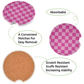 susiyo 2 Pcs Car Coasters for Cup Holder Pink Checkered Plaid Background Absorbent Ceramic Drinks Coasters for Universal Car