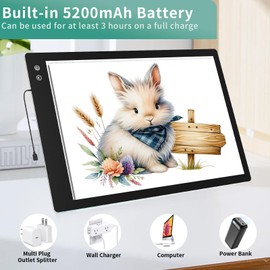 VKTEKLAB Rechargeable A2 LED Light Board,Ultra-Thin Battery Powered Light Pad with 3 Light Colours and 6 Levels/Stepless Dimming,Light Box for Tracing,Diamond Painting,Weeding Vinyl