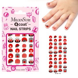 MelodySusie Qcoat Fully Cured Gel Nail Strips for Kids (Chic Red & Black Stripes) - UV Free Nail Polish Strips, Long Lasting Gel Nail Stickers, Includes 40 Nail Wraps, 2 Prep Pads, and Nail File