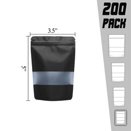 200 Pack Food Storage Bags, Foil Pouch Resealable Bags with Matte Window, Stand Up Sealable Bags for Packaging, 3.5"×5" Black