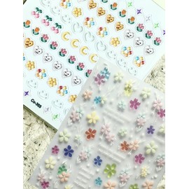 Oumino Nail Stickers, Summer Florets, Colorful, Set of 2, Nail Stickers, Heart Emoji, Hand Use, 3D Nail Design, Nail Wrap, Cute, Popular, Stylish, Glitter, For Nail Decoration, DIY, Just Stick, Nail