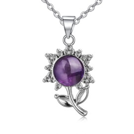 ZPMMPZ Amethyst Necklace Sunflower Pendant Necklace Healing Purple Crystal Necklace Natural Stone Flower Necklaces Round Sunflower Pendant Anniversary Mothers Day Jewelry Gifts for Women Men