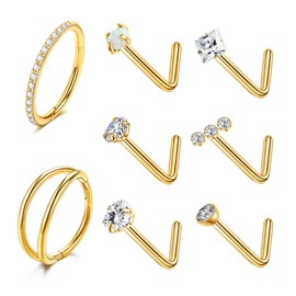 MJust Titanium Nose Ring Set, 18G Hypoallergenic L Shaped and Hoop Nose Stud Rings for Women & Men.(Gold)