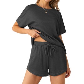 NORACORA Womens Athleisure Set Waffle Loungewear 2 Piece Pajama Sets Pj Shorts Lounge Wear Sleepwear Casual Black
