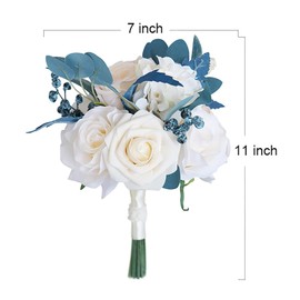 Emivery Dusty Blue Wedding Bouquet Artificial White Rose Blue Eucalyptus Bridesmaid Bouquet Bride Toss Bouquet for Wedding Anniversary Bridal Shower Party