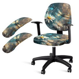 Lotusorchid 4 Pieces Dragonfly Print Computer Office Chair Covers Set, Stretchy Office Chair Protector Cover with Armrest Covers for Boss Rotating Chairs, Blue