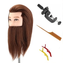 Chocolate Brown Male Training Head for Hairdressers Mannequin Head with 100% Human Hair and Beard Training Doll Head for Hair Styling and Practice