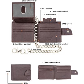 J T C JUZAR TAPAL COLLECTION Chain Wallet for Men Genuine Leather RFID Blocking Bifold Wallet with Stainless chain Wallet Flip up Window ID Popper Closure (Brown)