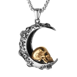 HZMAN Mens Women Gothic Retro Moon Crescent Skull Stainless Steel Pendant Necklace 22+2 Inch Chain (Silver Gold)