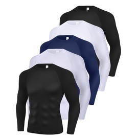 CYPER SUN 5 Pack Men's Compression Shirts Long Sleeve Undershirts, Quick Dry Workout Baselayer Rash Guard Fitness Top Black/White/Blue M