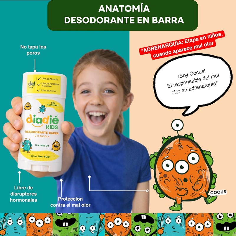 DIADIE KIDS Desodorante natural para Niños, Barra, Coco 1 Pza