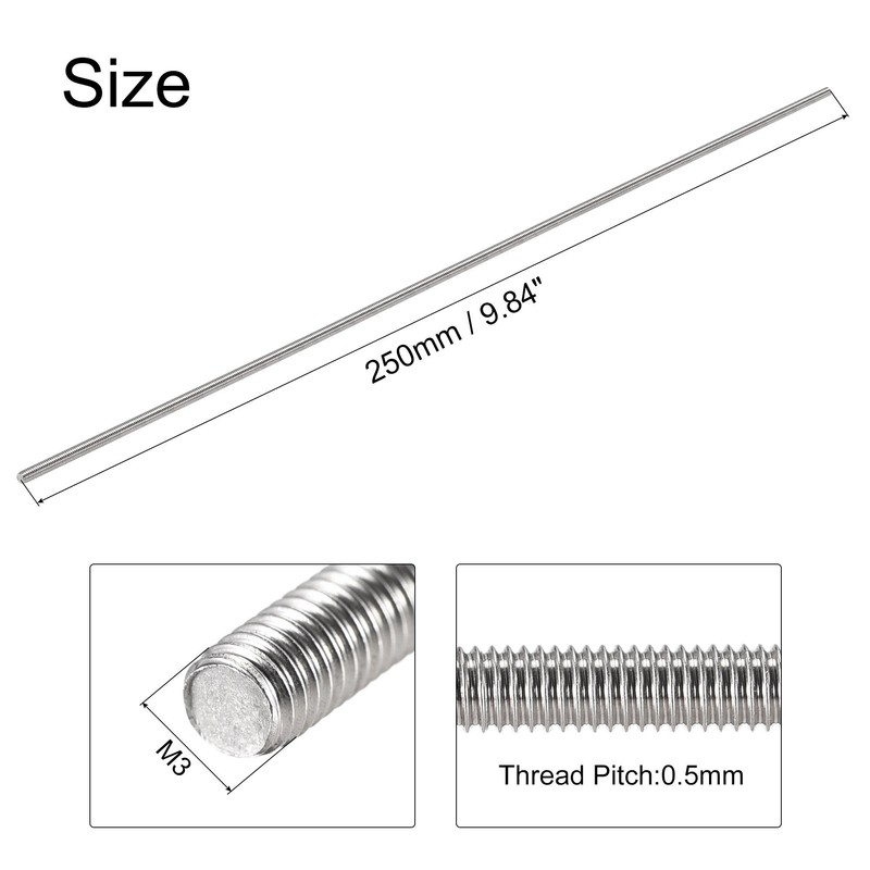 sourcing map 5Pcs M3 x 250mm Fully Threaded Rod 304