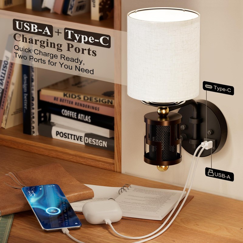 HYMELA V07-1 Vintage Wall Sconce Light with USB A+C Charging