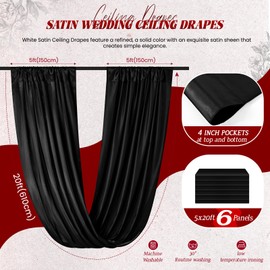6 Panel Black Ceiling Drapes - Premium Smooth Satin Ceiling Drapery for Wedding & Party Decorations - 5ft x 20ft
