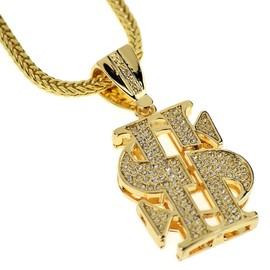 Cash Dollar Sign Iced Pendant Necklace Yellow Gold Finish 36" Franco Hip Hop Chain Money Necklace