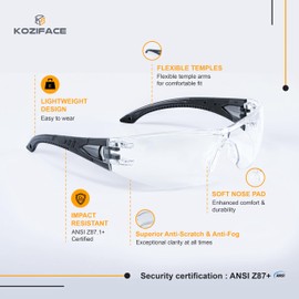 Koziface A07B Safety Glasses for Men and Women Lightweight Work Protective Black Green Flexible Temples AntiFog for Indoor/Outdoor (Black)