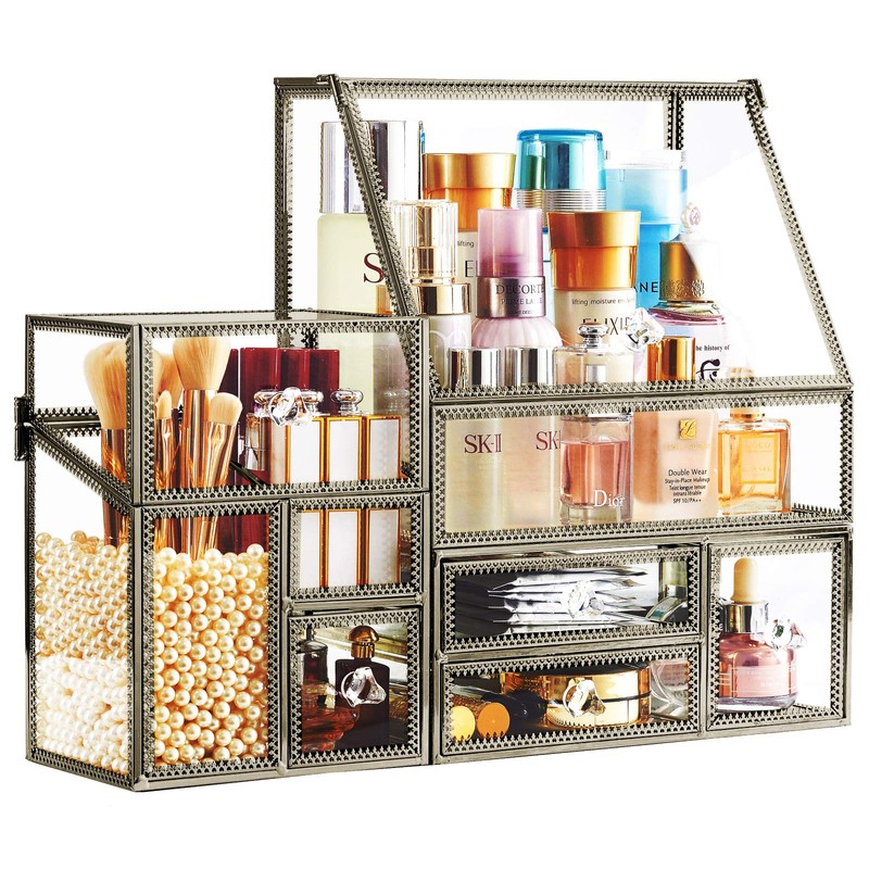 Glass Antique Brass Stackable Drawer Set Makeup Organizer for Vanity