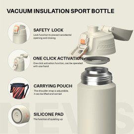 SANTECO Trinkflasche Verschließbare Thermosflasche, Wasserflasche Edelstahl 1l BPA-Frei mit Tragetasche, Direkt Trinkbare Isolierkanne Spülmaschinenfest für Reisen Camping Grau