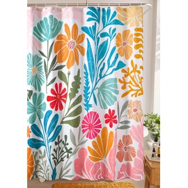 RoomTalks Cute Colorful Floral Faux Linen Shower Curtain Funky Aesthetic Bathroom Decor - Heavy Duty Modern Abstract Matisse Blue Pink Flowers Plants Botanical Shower Curtain Set