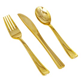 60 Pack Silver Plastic Silverware Set with Pre Rolled Napkins - Disposable Individually Wrapped Cutlery Set Includes 60 Forks, 60 Knives, 60 Spoons, 60 Napkins, Gold Utensils Set (Gold-25 Pack)