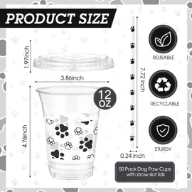 meekoo Dog Paw Plastic Cups, 12 oz, 50 Sets, Clear, Disposable, with Lids and Straws, for Parties and Celebrations