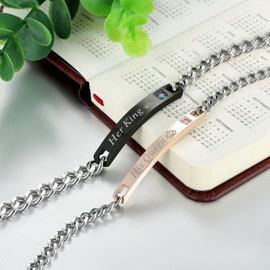 Flongo One Pair of Stainless Steel Bracelets with Zirconia Text Engraving, Love Vows, Rose Gold and Black Partner Bracelets, Love Jewellery, Gifts for Valentine's Day, Birthdays, Anniversaries, Cubic