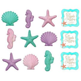 12pack Pink, Purple, Teal Seahorses, Starfish & Shells Shimmer Edible Sugar Cake & Cupcake Decorations 12 Count with 12 SeaShell STickers