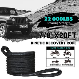 Kinetic Recovery Tow Rope, 31700 Lbs (7/8" x 20ft) Heavy Duty Offroad Recovery Kit Energy Rope Extreme Duty 35% Elasticity Energy Snatch Strap for Jeep Car ATV UTV SUV Truck