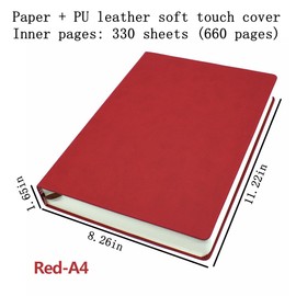 Drawing Thick Sketchbook Memo Writing Sketch Pad Diary 660 Pages Notebook Soft Faux Leather Cover Journal 80GSM Paper Notepad (Red, A4)