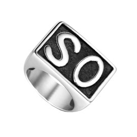 Oakky Jewelry Men's Stainless Steel Trendy Simple Hip Hop Motorcycle Biker Rings, Letter SO, Vintage Punk, Silver Tone, Size 10