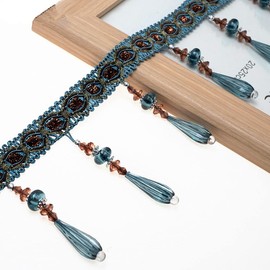 Yalulu 4 Yards Braided Hanging Beads Tassel Fringe Trimming Hanging Ball Trim Applique Fabric Ribbon Tape Band for Curtain Table Lampshades Wedding Decorated (Grey-Blue)