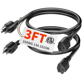 PlugSaf PlugSaf 2 Pack of 3Ft Black Outdoor Extension Cord 16/3 Gauge Waterproof, Cold Weatherproof -58°F, Flame Retardant, Flexible 3 Prong Electric Cord for Lawn Office,13A 1625W 16AWG SJTW, ETL Listed