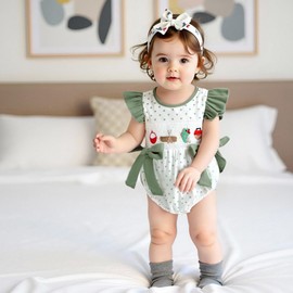 Newborn Baby Girl Fishing Outfit Dot Print Flying Sleeve Fish Embroidery Bubble Smocked Romper Infant Summer Clothes (White, 0-3 Months)