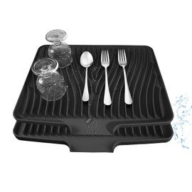 2Pack Silicone Dish Drying Mat for Kitchen Counter, Dish Drying Pad, Non-Slip Drain Pad with Built-in Drain, Heat Resistant Stone Drying Mat, Silicone Baking Mat (15.8" x 13", Black)