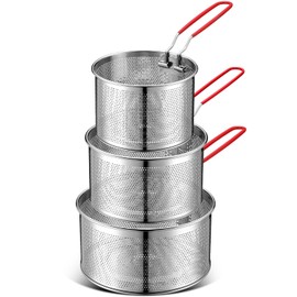 Patelai 3 Pcs Pasta Strainer 5.5" 6.3" 7.1" Metal Noodle Strainer with Long Removable Handle 304 Stainless Steel Deep Fryer Basket Pasta Noodle Basket Kitchen Colander for Washing Frying Boiling