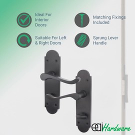 EAI Black Bathroom Door Handle Set - Victorian Scroll Shaped | 1 Pair of Internal Matt Black Lever Handles on Backplate with Lock (64mm)